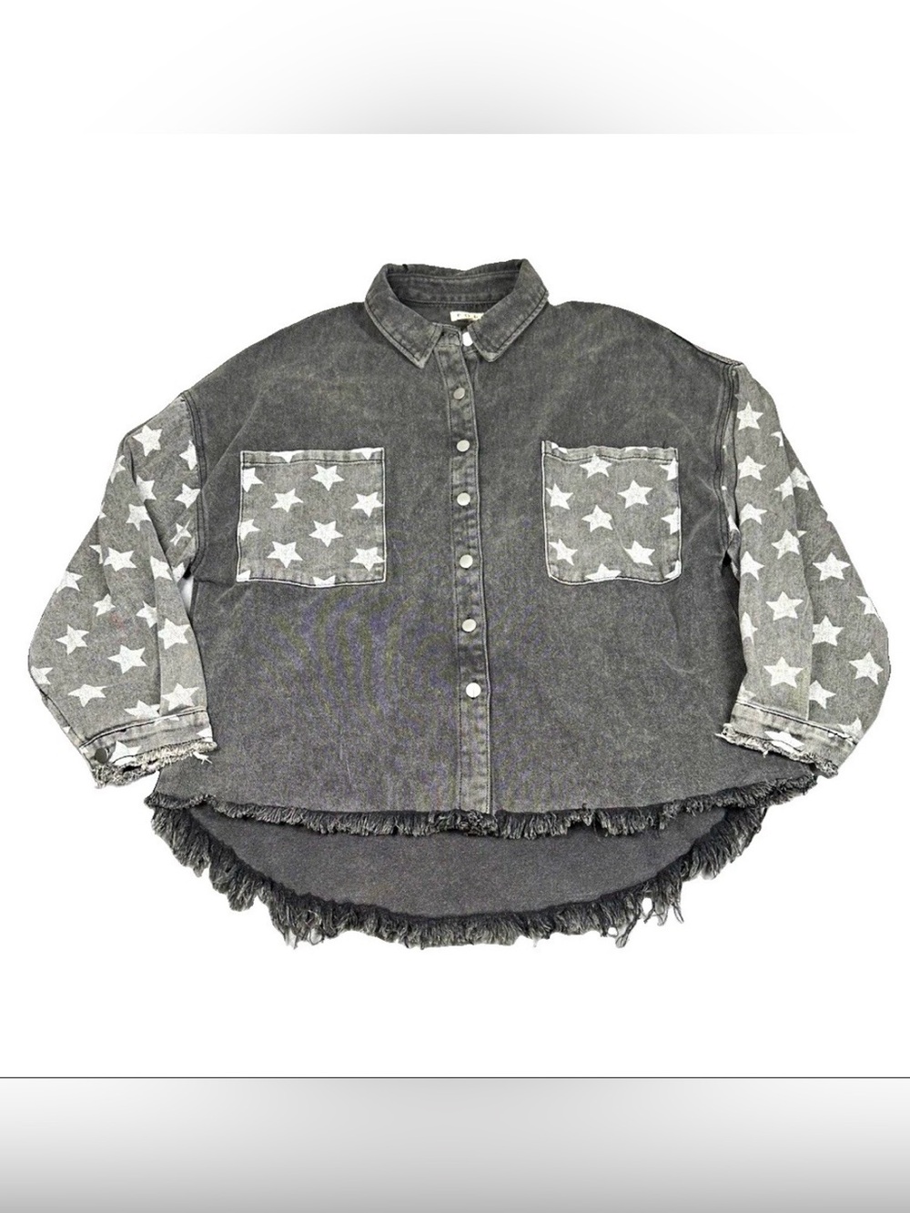 POL women’s Denim Collared Button-Up Long Sleeve Star Fringe Jacket